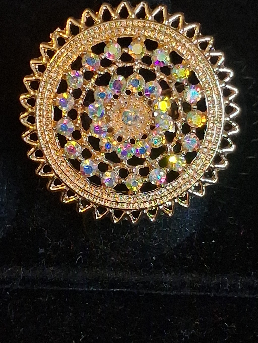 Goldtone Aurora Borealis Rhinestone Sunburst Ring  Women Jewelry Adjustable